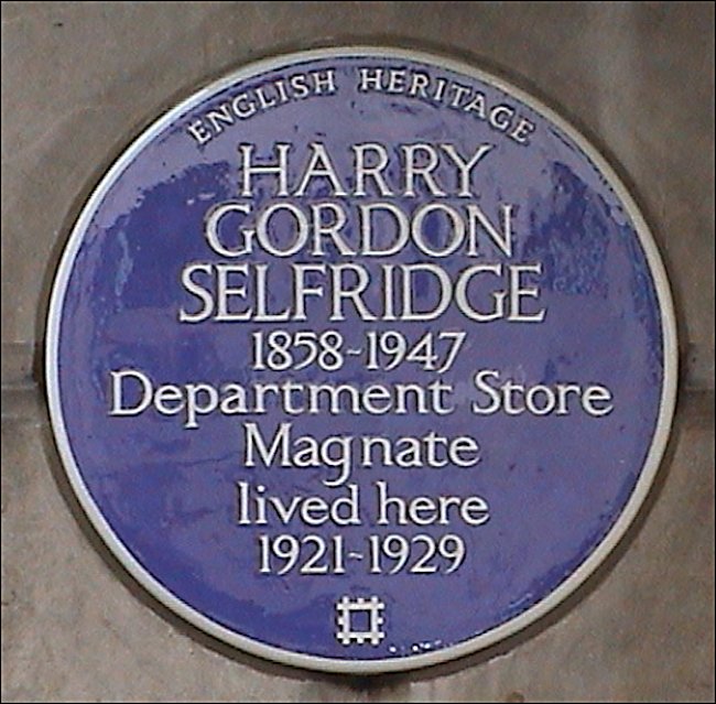 Selfridges blue plaque at the Lansdowne Club, 9 Fitzmaurice Place, London W1